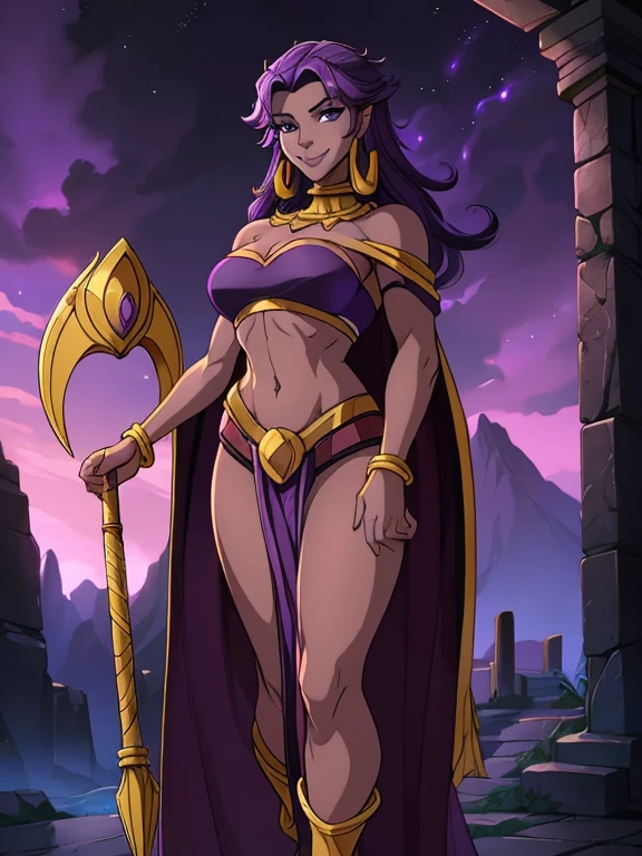 (best quality:1.3), (4K quality),masterpiece, best quality, high res, detailed, (Detailed face:1.2), (Detailed eyes:1.2), (Perfect figure:1.2), Fantasy style, Fantasy environment, A beautiful mature sorceress (1 girl), dark-skinned female, with long purple flowing hair, purple eyes, purple iris, mascaras purple eyeshadow, smile, purple lipstick, skin covered in purple markings, (Wearing: golden headpiece, golden ringed earrings, purple cape, purple strapless top, purple loincloth, pelvic curtain, golden armlets, golden boots), ((Holding a golden staff)), looking mature and alluring at 28 years old, (detailed eyes, detailed lips, extremely detailed face), BREAK (Night time, outdoors, dark clouds in the sky, purple lighting, stone temple, stone structures, on the mountain top)

