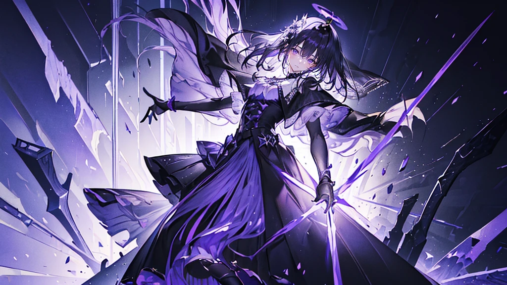 (Super detailed)),((illustration)),((masterpiece)),(((need))),((fine、Highest quality CG Unity 8K wallpapers,masterpiece),((4K,masterpiece,best quality)),Black hair queen,Waist-length hair,Royal sister,Sexy,Tall figure,Lilac eyes,Standing upright in a coffin,Mature,Hair Bunch,Hair tied on both sides,Black and purple French vintage clothing,Gorgeous pure black cape,Black veil,Purple-white halo,Black purple boots,Wearing a crown on the head,Holding a knight's sword,pyramid,Emitting dim purple light,Brilliant palace,The deep sea is filled with coffins,Mysterious symbols,individual,Emit a dim light,Full body picture