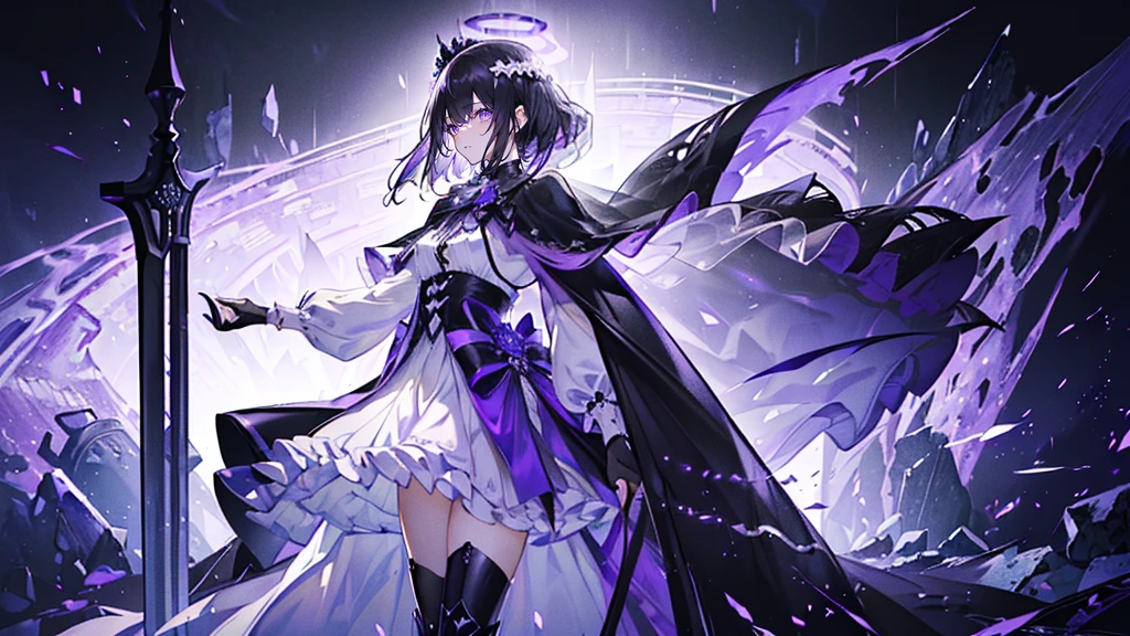 (Super detailed)),((illustration)),((masterpiece)),(((need))),((fine、Highest quality CG Unity 8K wallpapers,masterpiece),((4K,masterpiece,best quality)),Black hair queen,Waist-length hair,Royal sister,Sexy,Tall figure,Lilac eyes,Standing upright in a coffin,Mature,Hair Bunch,Hair tied on both sides,Black and purple French vintage clothing,Gorgeous pure black cape,Black veil,Purple-white halo,Black purple boots,Wearing a crown on the head,Holding a knight's sword,pyramid,Emitting dim purple light,Brilliant palace,The deep sea is filled with coffins,Mysterious symbols,individual,Emit a dim light,Full body picture