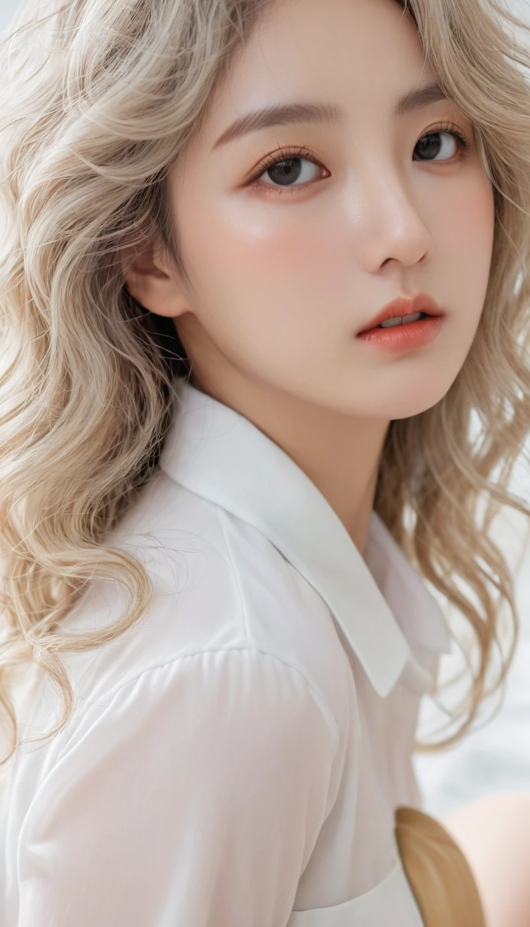 (Surrealism), (illustration), (high resolution), (8K), (Extremely detailed), (best illustration), (Beautiful and delicate eyes), (best quality), (Very detailed), (masterpiece), ( wallpaper), (Delicate face), solitary, 1 girl, White curly hair, Korean, Heterochromic eyes, There is a small mole under the eye, Loose white shirt, Yoga Pants, Large Breasts, Long legs, Tight abdominal muscles, Camel toe, Dynamic poses