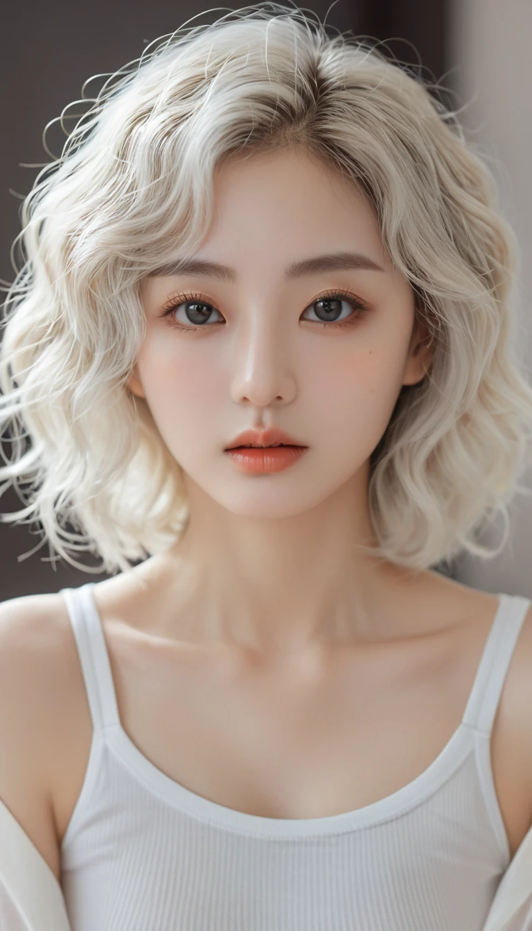 (Surrealism), (illustration), (high resolution), (8K), (Extremely detailed), (best illustration), (Beautiful and delicate eyes), (best quality), (Very detailed), (masterpiece), ( wallpaper), (Delicate face), solitary, 1 girl, White curly hair, Korean, Heterochromic eyes, There is a small mole under the eye, Loose white shirt, Yoga Pants, Large Breasts, Long legs, Tight abdominal muscles, Camel toe, Dynamic poses