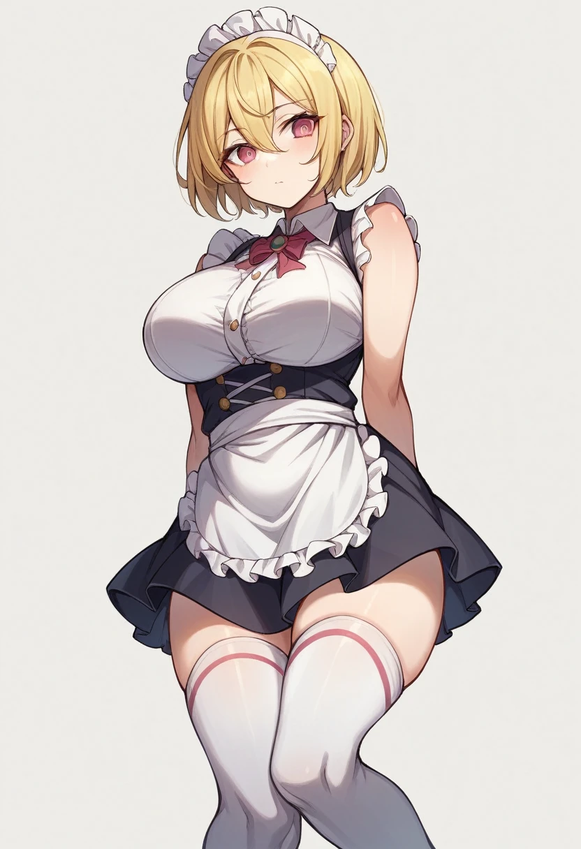 (One girl)、(bob cut)、((Blonde))、(sidelock)、（Sato Air）、(slan eyes)、（boyish）、cute、(Big super breasts)、Chubby、Maid clothes、No sleeve、mini skirt、White sleeveless、thigh-high socks thighhighs、(long gloves)、hairs between eyes、(coarse hair)、[flipped hair]、pink eye、expressionless、arm behind back、White Background
