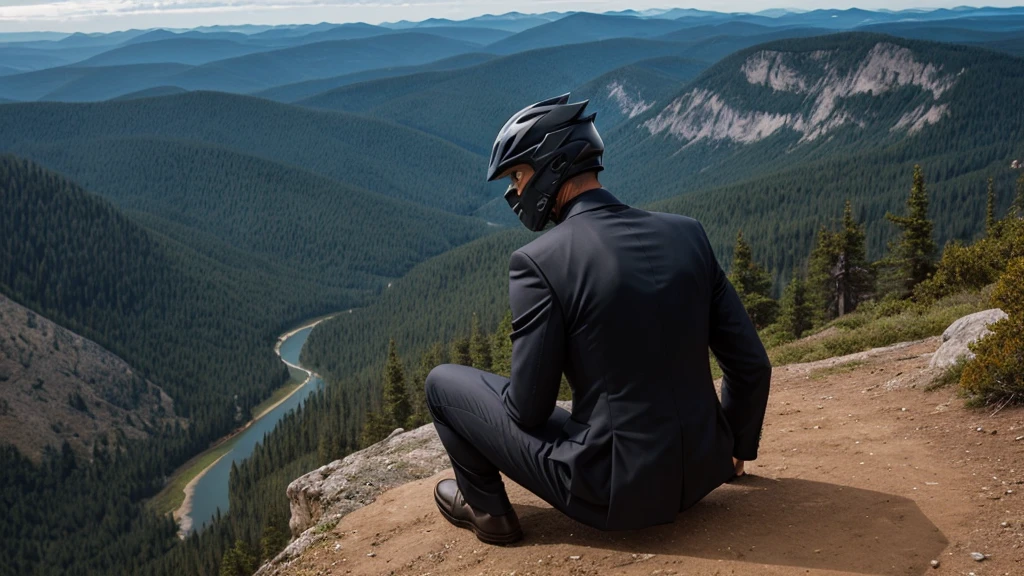 A Luxury Sales Suit man wearing a black rider full-face helmet overlooking wilderness,full body,standard rider black full face helmet,back view of the man, background is a wilderness,a man overlooking wilderness,a man overlooking wilderness,a man overlooking wilderness,a man overlooking wilderness,a man overlooking wilderness,full body,full body,full body,full body,with black rider full-face helmet,with black rider full-face helmet,with black rider full-face helmet,wearing black rider full-face helmet,wearing black full-face helmet,wearing black full-face helmet,overlooking wilderness,overlooking wilderness,Back view,Back view,Back view,Back view,Draw people small,Draw people small,Spectacular views,Spectacular views,Spectacular views,lonely man,lonely man,a black full-face helmet,a black full-face,A Luxury Sales Suit man,with Luxury Sales Suit