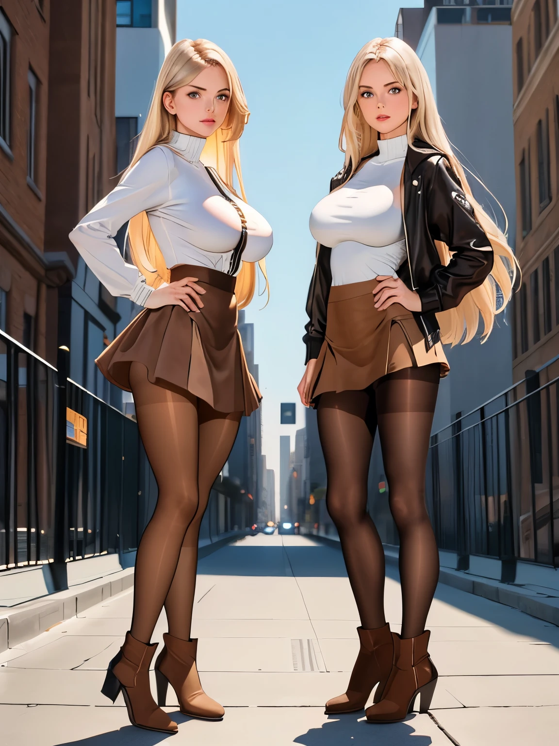 (2 girls:1.3), (models), perfect body, fit body, (huge breasts:1.3), (brown pantyhose:1.4), low denier, (emphasis on legs and feet:1.3), (low wedge heel booties:1.1), long straight platinum-blonde hair, (black miniskirts), (white tops), (small hips:1.1), small butt, (thin:1.1), skinny girl, fit, short, athletic, backdrop of a city sidewalk, masterpiece, professional lighting, 8k, HDR, amazing details, hyper-realistic, photorealistic, beautiful face, highly attractive, (show entire body), (they are looking at the viewer:1.4)
