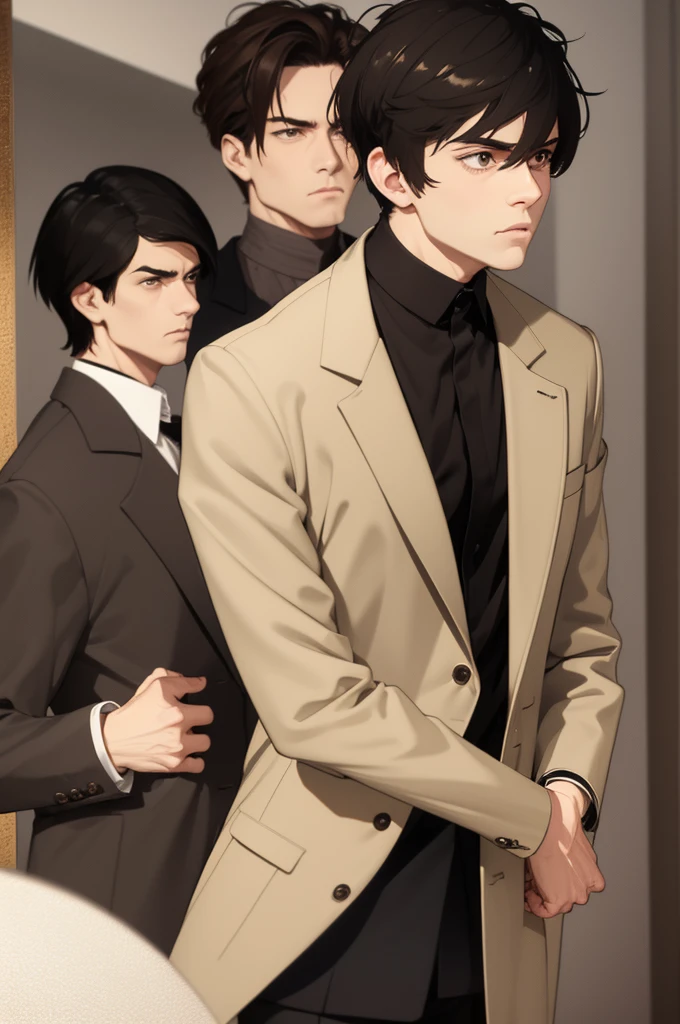 best quality, man, thin man, one man dark brown eyes, very short black hair, disheveled hair, beige jacket, beige jacket, white shirt tucked in, serious look, short hair, hands in jacket, looking forward, moody, very moody, very serious