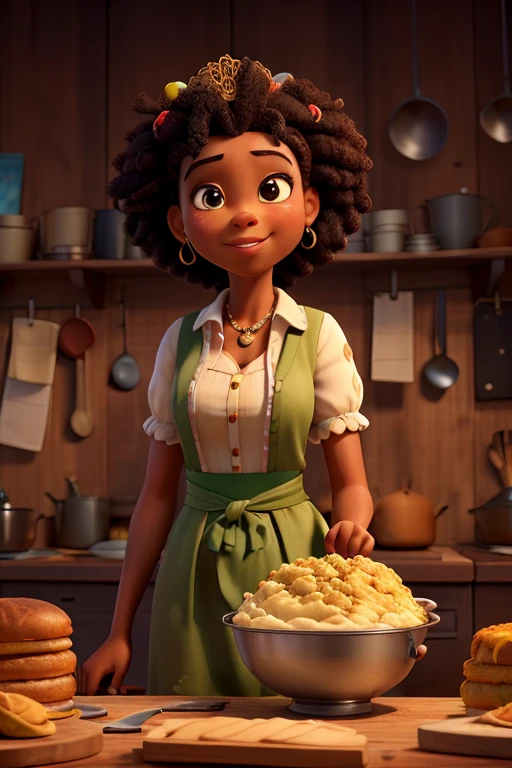 ((best qualityer)), ((work of art)), (detailded), image of an Afro-descendant baker, inspired by Princess Tiana's style from the film "Princess and Toad". She should be in a vibrant and welcoming kitchen, surrounded by cakes, colorful sweets and ingredients. The focus should be on your confident smile and elegant apron, while she prepares a delicious dessert. The atmosphere must convey joy and creativity.