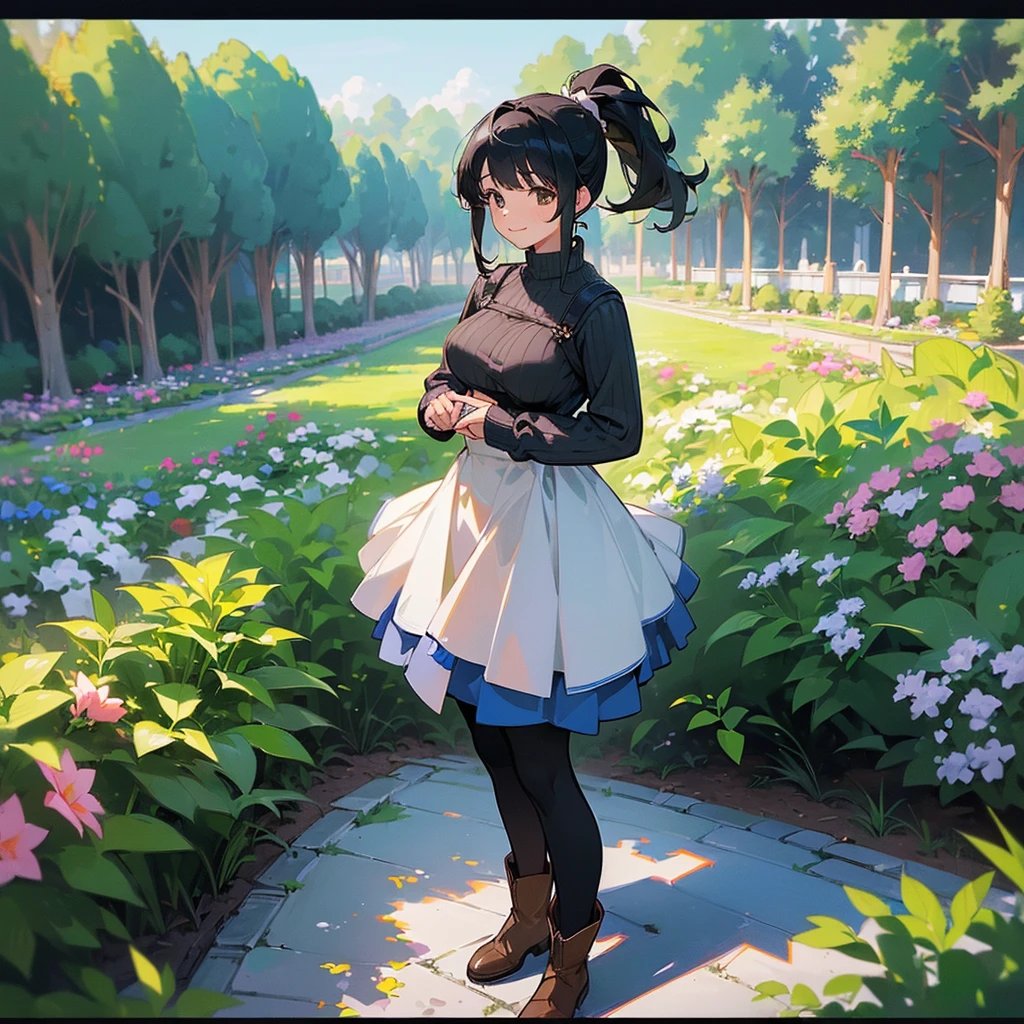 (high quality, High resolution, Very detailed, reality:1.37), Peaceful atmosphere, (Outdoor, garden), Teenage girl standing alone, (my breasts are big.), Beautiful details, Cute Smile, (Black hair ponytail), Ribbed sweater, Blue Skirt, Black tights, Brown boots.