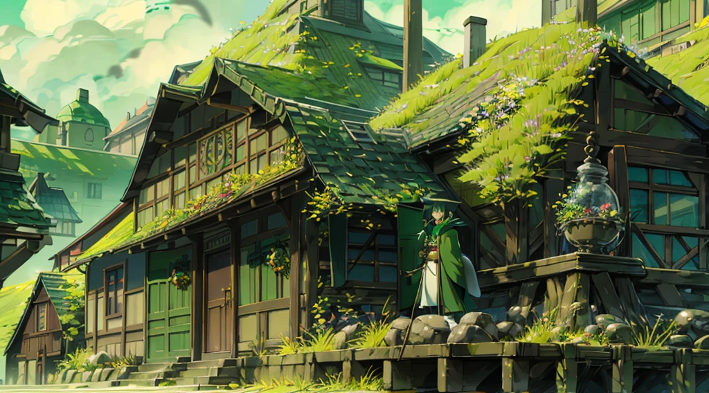 yuichiro hyakuya, (WithoutFear:1), 1 boy, black hair, green eyes, brown coat, gray armor, green shield, green cloak, dark brown gloves, town, white fur trim, tall, anime, standing, good quality, portrait, looking at viewer