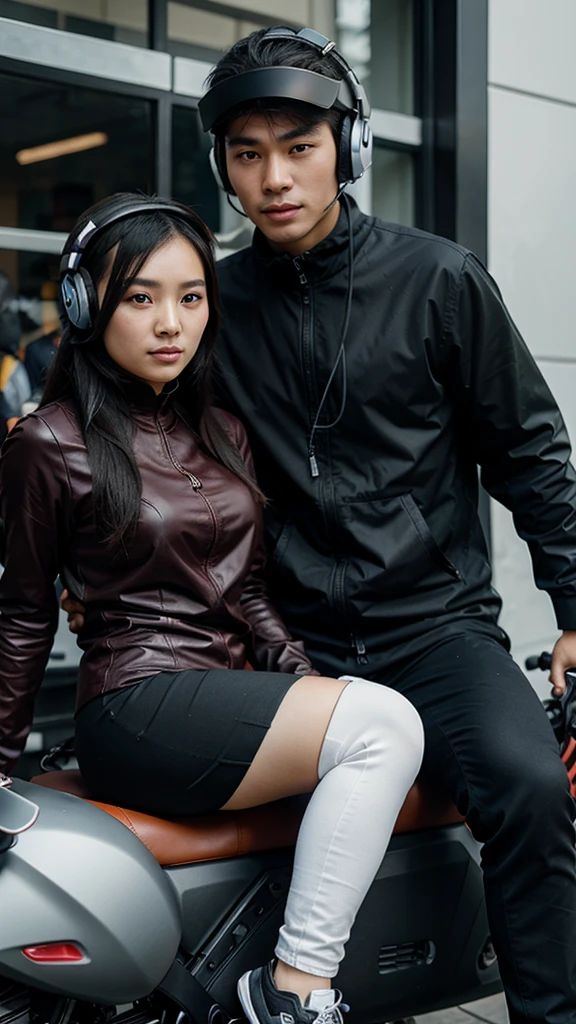 Chinese woman wearing a hijab wearing a gaming headset sitting on a sports motorbike with a handsome man