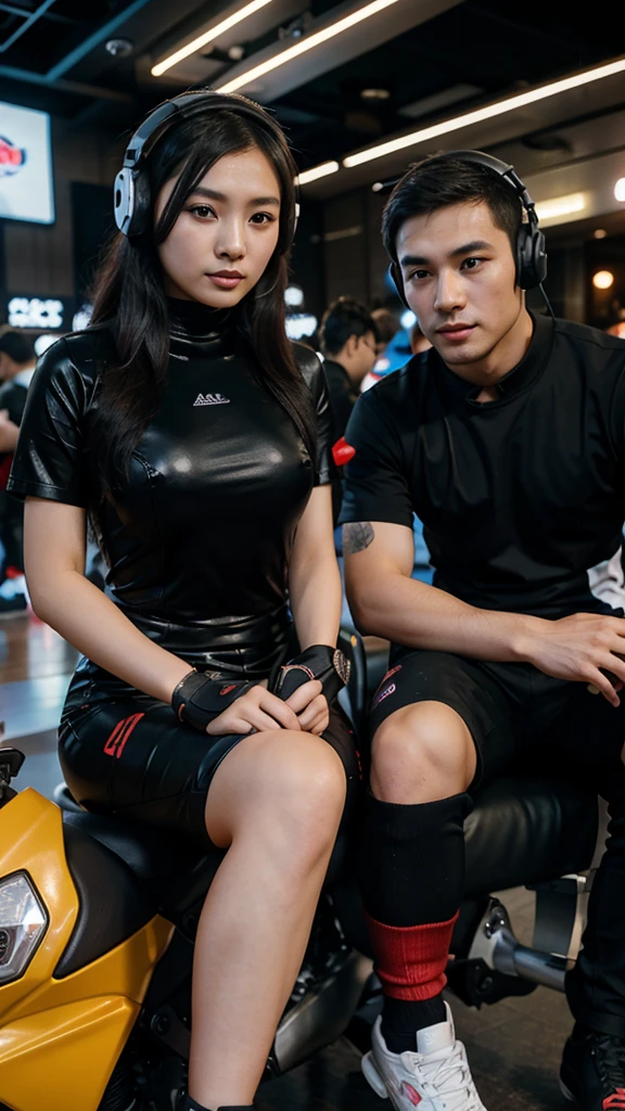 Chinese woman wearing a hijab wearing a gaming headset sitting on a sports motorbike with a handsome man