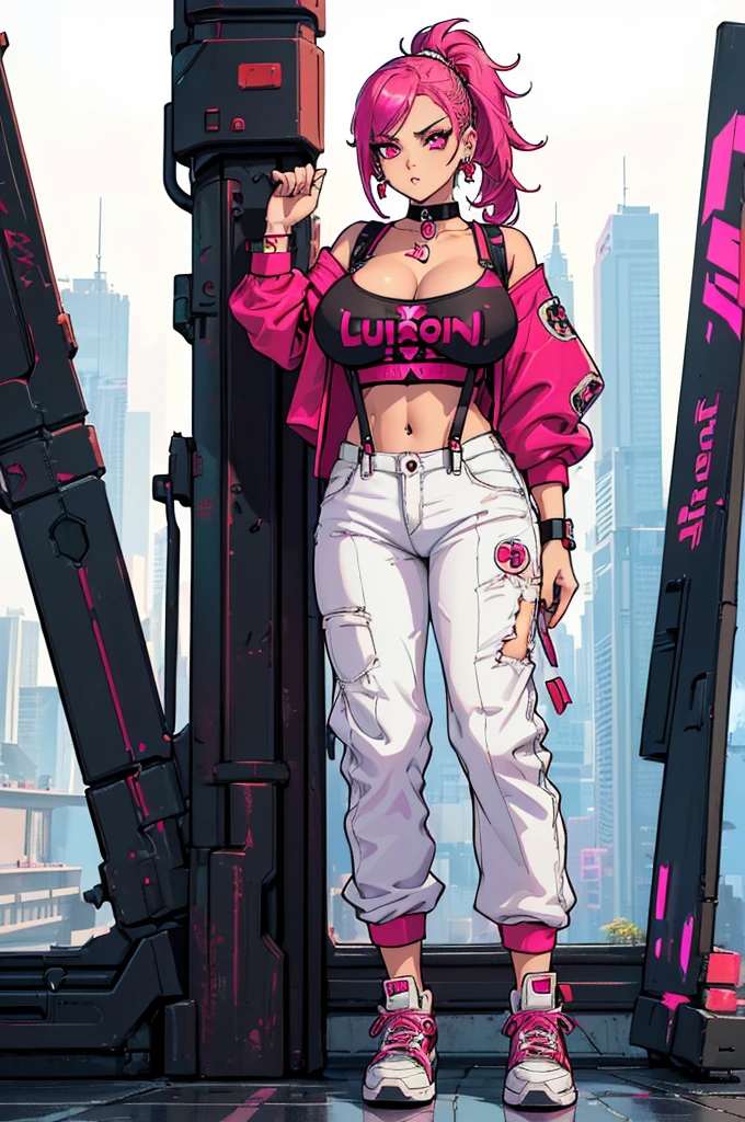 (masterpiece, best quality, high resolution, ((huge breasts))1 joben girl,, very long magenta punk-style hair, red long-sleeved t-shirt with cyberpunk-style suspenders, white cyberpunk-style pants, sneakers, style cyberpunk, choker, bracelets, star earrings, ( white background, stickers. Redmond), ((full body standing)),
