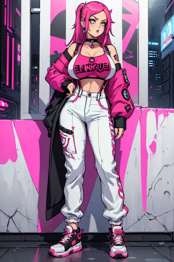 (masterpiece, best quality, high resolution, ((huge breasts))1 joben girl,, very long magenta punk-style hair, red long-sleeved t-shirt with cyberpunk-style suspenders, white cyberpunk-style pants, sneakers, style cyberpunk, choker, bracelets, star earrings, ( white background, stickers. Redmond), ((full body standing)),
