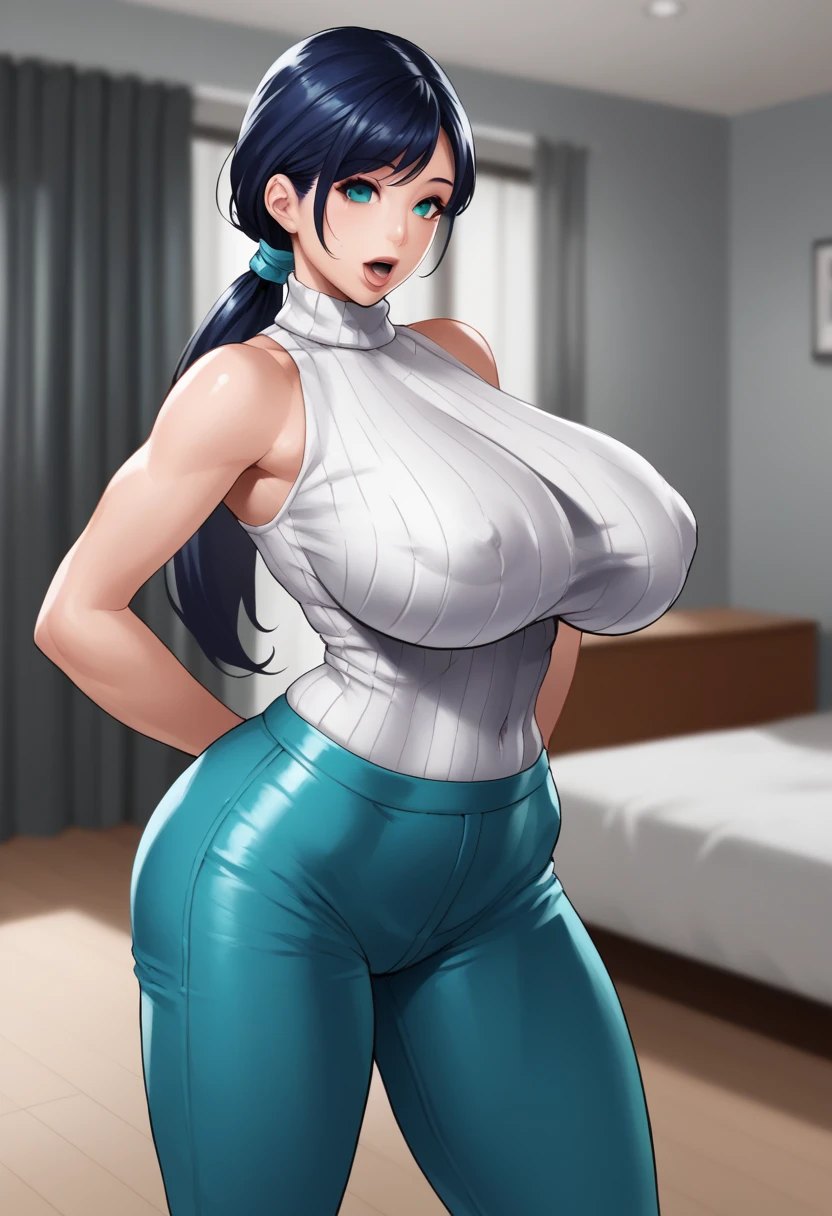 1girl, solo, milf, busty milf, mature woman, dark blue hair, long hair, low ponytail, straight bangs, huge breasts, bouncy breasts, wide hips, full lips, vivid lips, aqua eyes, empty eyes, hypnotized, mesmerized, starring at viewer, open mouth, ribbed sweater, sleeveless, pencil skirt, standing at attention, hands at own sides, full body, apartment, living room, blurred background, altered perception