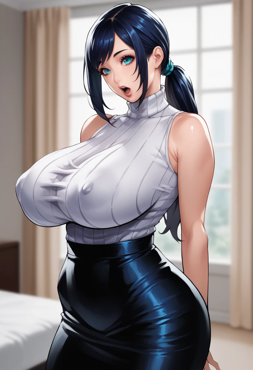 1girl, solo, milf, busty milf, mature woman, dark blue hair, long hair, low ponytail, straight bangs, huge breasts, bouncy breasts, wide hips, full lips, vivid lips, aqua eyes, empty eyes, hypnotized, mesmerized, starring at viewer, open mouth, ribbed sweater, sleeveless, pencil skirt, standing at attention, hands at own sides, full body, apartment, living room, blurred background, altered perception