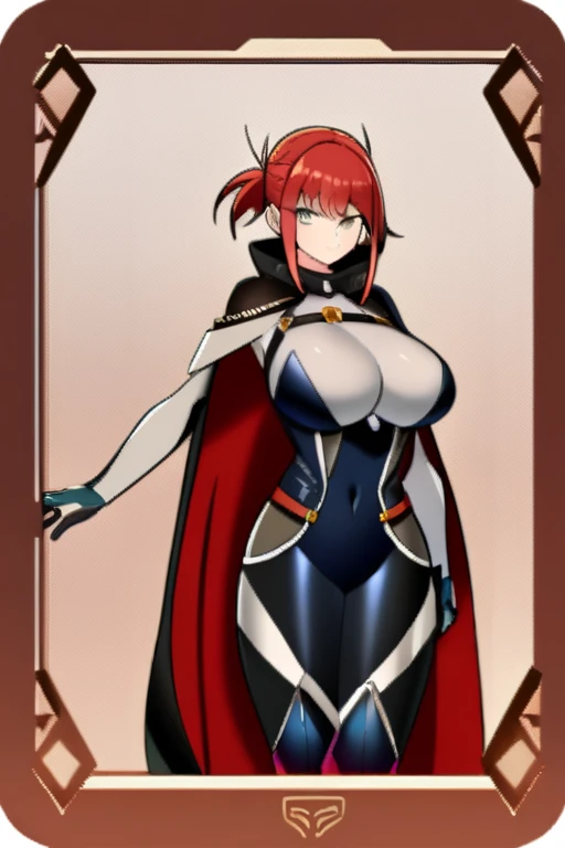 Concept art image full hd Girl red hair Body hourglass big breasts, bodysuit clothing with hero style harness and cape 