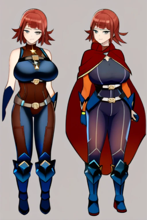 Concept art image full hd Girl red hair Body hourglass big breasts, bodysuit clothing with hero style harness and cape 