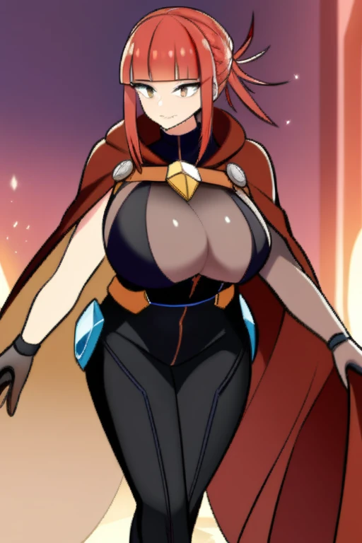 Concept art image full hd Girl red hair Body hourglass big breasts, bodysuit clothing with hero style harness and cape 