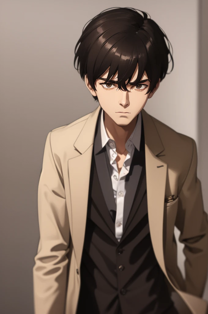 best quality, man, thin man, dark brown eyes, very short black hair, disheveled hair, beige jacket, beige jacket, white shirt tucked in, serious look, short hair, hands in jacket, looking forward, moody, very moody, very serious