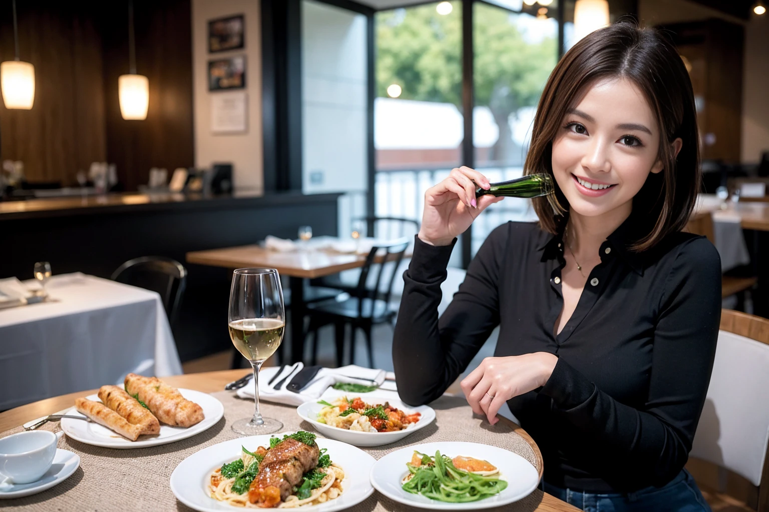 ((Highest quality、8k、masterpiece:1.3))、Shortcuts、cute、slimカップル、modelカップル、actress男優、(Realistic, Intricate details:1.2), full-course dinner、wine 、Amazing view of the sunset sky and clouds、A bright smile、short hair,Bright Face、 (45 years old), 42 years old, 赤wine 、Appetizers、Italian food、wine bottle、Champagne、スパークリングwine、Two beauties、Brown Hair、Shortcuts、Long sleeve shirt、dress、Beautiful woman 1, (slimな顔), (The body is slim), (Brown Hair), (Shortcuts), cheeks turn a little red,Attractive beauty、restaurant, In a prominent place (From the waist up) Nova Frog Style, actress, model, Upper Body, 白wine, slim, wineグラス, 中央に置かれたwineグラス, smile, (smile: 1.15), Beautiful fine grain, Depth f/2,saturation, High Contrast, Strong light and shadow,Moist Body:1.5、3D texture、Delicate eyes、Brown Hair、The hair is very shiny、