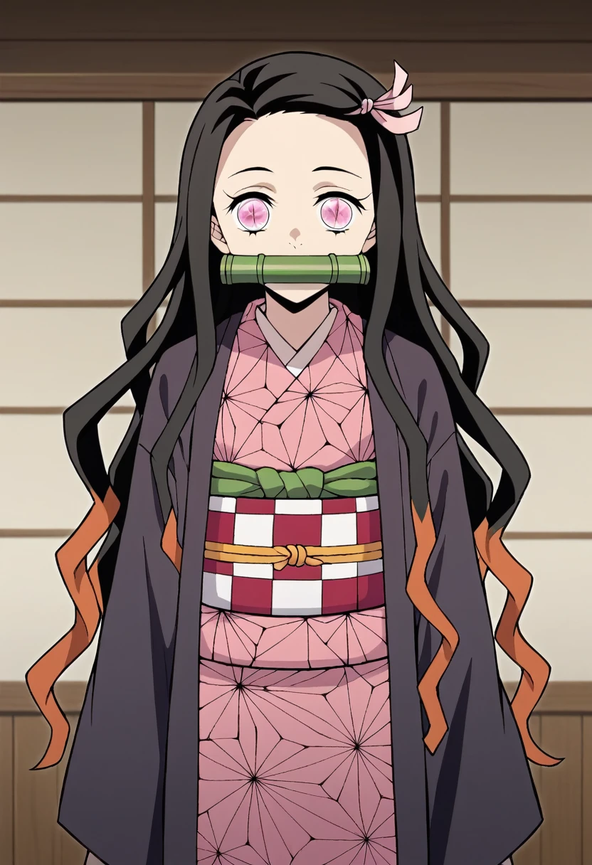 nezukokamado, nezuko kamado, bamboo, (bit gag:1.5), black hair, (forehead:1.5), gag, gagged, hair ribbon, long hair, multicolored hair, (pink eyes:1.5), orange hair, slit pupils, wavy hair, two-tone hair,
BREAK asa no ha (pattern), checkered sash, haori, japanese clothes, kimono, long sleeves, obi, pink kimono, sash, wariza,  wide sleeves,
BREAK looking at viewer,
BREAK indoors,
BREAK (masterpiece:1.2), best quality, high resolution, unity 8k wallpaper, (illustration:0.8), (beautiful detailed eyes:1.6), extremely detailed face, perfect lighting, extremely detailed CG, (perfect hands, perfect anatomy),