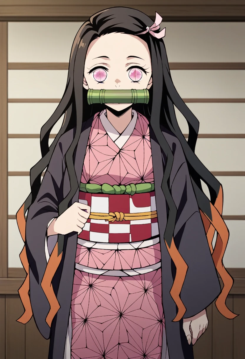 nezukokamado, nezuko kamado, bamboo, (bit gag:1.5), black hair, (forehead:1.5), gag, gagged, hair ribbon, long hair, multicolored hair, (pink eyes:1.5), orange hair, slit pupils, wavy hair, two-tone hair,
BREAK asa no ha (pattern), checkered sash, haori, japanese clothes, kimono, long sleeves, obi, pink kimono, sash, wariza,  wide sleeves,
BREAK looking at viewer,
BREAK indoors,
BREAK (masterpiece:1.2), best quality, high resolution, unity 8k wallpaper, (illustration:0.8), (beautiful detailed eyes:1.6), extremely detailed face, perfect lighting, extremely detailed CG, (perfect hands, perfect anatomy),