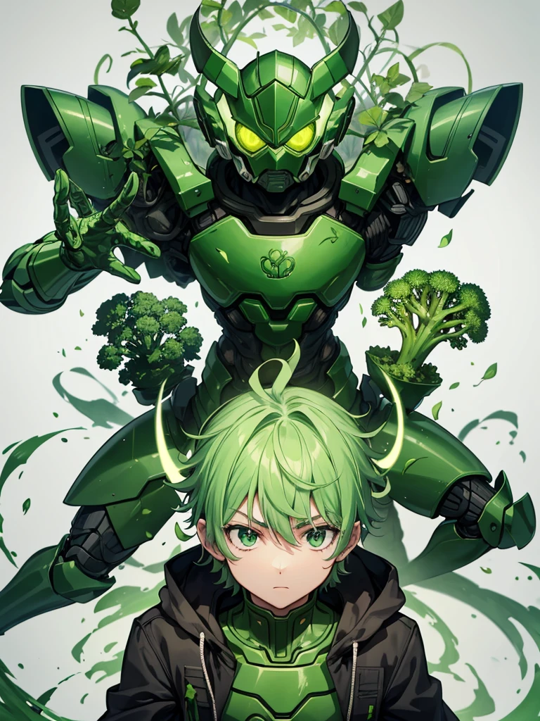 A chimera ant-like human wrapped in green armor,Skin color is green,Broccoli growing from head,The face is green,cyborg,Hunter x Hunter,(Image of 1 person),Male images),Kamen Rider,