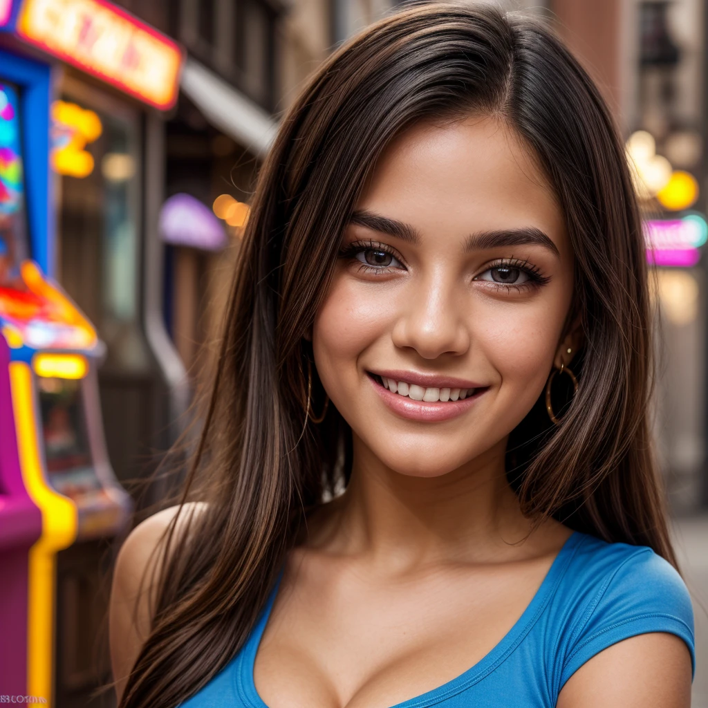 A beautiful latina smiling , long ponytail, blue t-shirt, cleavage, arcade, best quality, 8k, highres, masterpiece:1.2, ultra-detailed, realistic, photorealistic:1.37, highly detailed face, detailed eyes, detailed lips, detailed nose, long eyelashes, brilliant lighting, vibrant colors