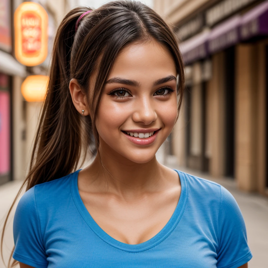 A beautiful latina smiling teen, long ponytail, blue t-shirt, cleavage, arcade, best quality, 8k, highres, masterpiece:1.2, ultra-detailed, realistic, photorealistic:1.37, highly detailed face, detailed eyes, detailed lips, detailed nose, long eyelashes, brilliant lighting, vibrant colors