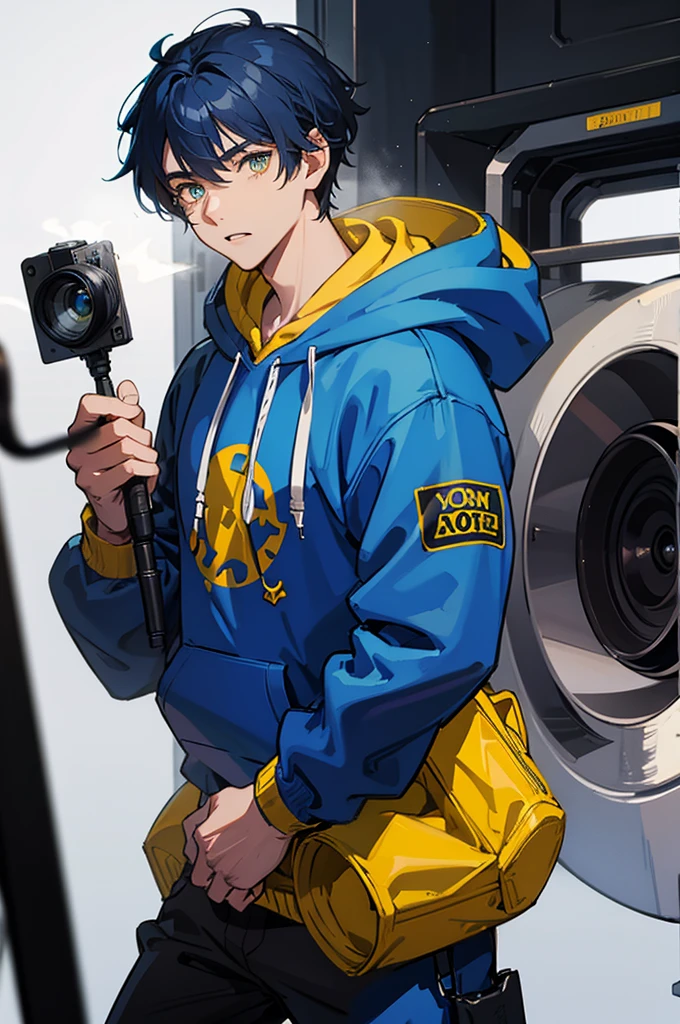 Blue and yellow eyes, old school camera in hand, hoodie on, thick hoodie, male, fair skin. 20 years old