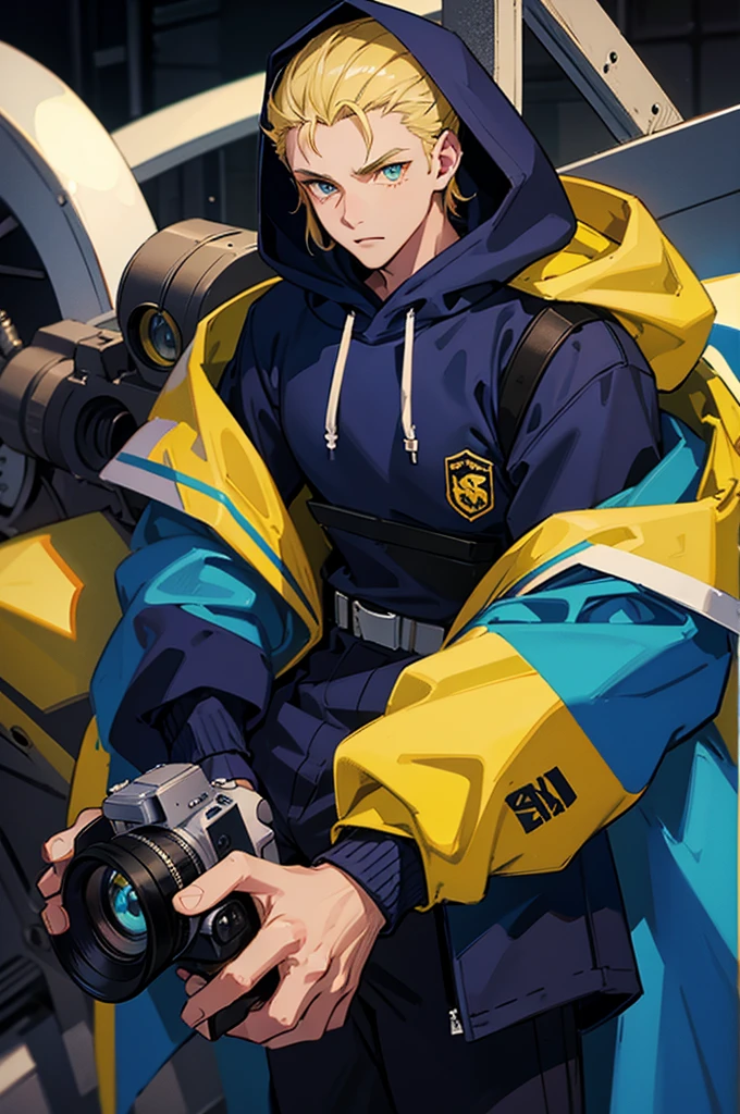 Blue and yellow eyes, old school camera in hand, hoodie on, thick hoodie, male, fair skin. 20 years old