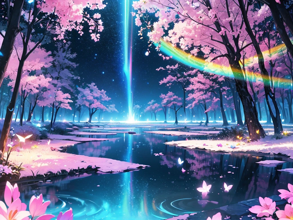 A mystical grove, with luminous flowers, multicolored neon butterflies, crystal clear water, beautiful trees, (((unique view with extremely vivid multicolors without any people))), {extremely detailed 16k CG wallpaper}, expansive natural landscape photography, (wide open field view), (low angle shot),complex details, (iridescent colors: 1.6), (bright lighting), (atmospheric lighting), Dreamy, unique, no people, reflections perfect,(no humans),landscape only,