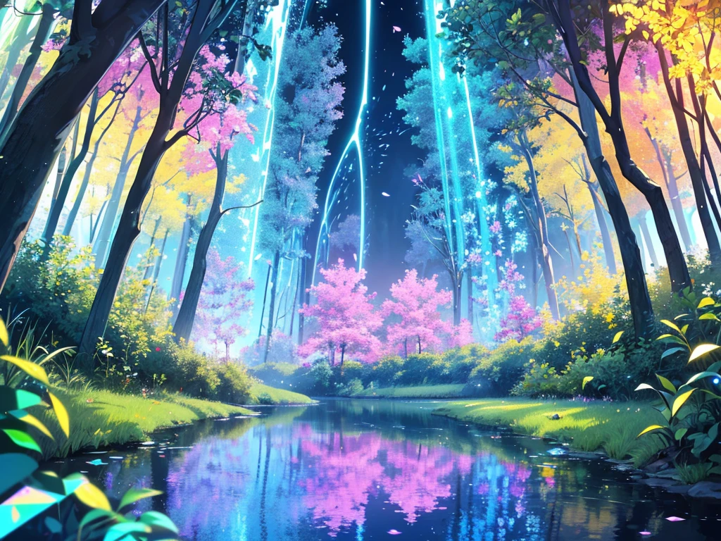 A mystical grove, with luminous flowers, multicolored neon butterflies, crystal clear water, beautiful trees, (((unique view with extremely vivid multicolors without any people))), {extremely detailed 16k CG wallpaper}, expansive natural landscape photography, (wide open field view), (low angle shot),complex details, (iridescent colors: 1.6), (bright lighting), (atmospheric lighting), Dreamy, unique, no people, reflections perfect,(no humans),landscape only,