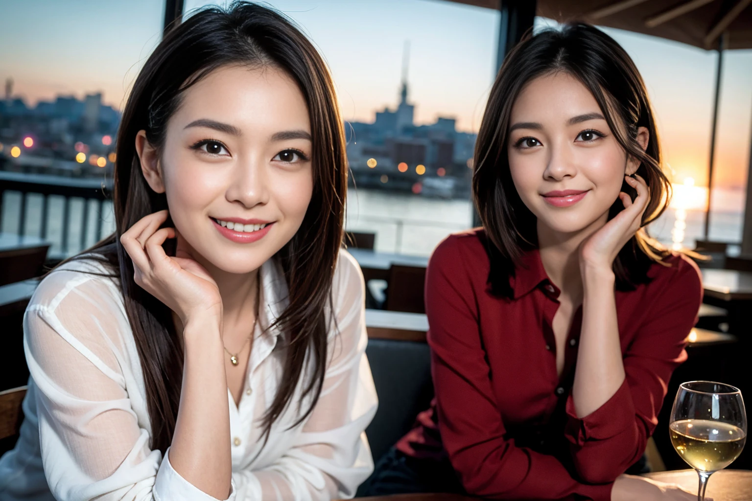 ((Highest quality、8k、masterpiece:1.3))、Shortcuts、cute、slimカップル、modelカップル、actress男優、(Realistic, Intricate details:1.2), full-course dinner、wine 、Amazing view of the sunset sky and clouds、A bright smile、short hair,Bright Face、 (45 years old), 42 years old, 赤wine 、Appetizers、Italian food、wine bottle、Champagne、スパークリングwine、Two beauties、Brown Hair、Shortcuts、Long sleeve shirt、dress、Beautiful woman 1, (slimな顔), (The body is slim), (Brown Hair), (Shortcuts), cheeks turn a little red,Attractive beauty、restaurant, In a prominent place (From the waist up) Nova Frog Style, actress, model, Upper Body, 白wine, slim, wineグラス, 中央に置かれたwineグラス, smile, (smile: 1.15), Beautiful fine grain, Depth f/2,saturation, High Contrast, Strong light and shadow,Moist Body:1.5、3D texture、Delicate eyes、Brown Hair、The hair is very shiny、