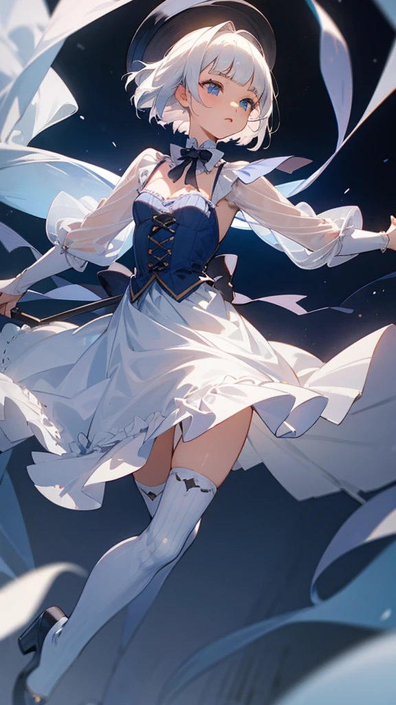 best quality, ultra-detailed, an extremely delicate and beautiful, high resolution, extremely detailed CG, masterpiece,
nelke_cos,
see-through,dress, long sleeves, striped bow,bow, striped,cleavage, striped,overskirt,striped ribbon,ascot,white mini skirt,
blue footwear, blue thighhighs,thighhighs,thigh boots,
hat.
(small breasts:1.2),(flat chest:0.5),
dynamic pose,cowboy shot,
deep blue eyes,
short cut hair,
blunt bangs,
white hair,