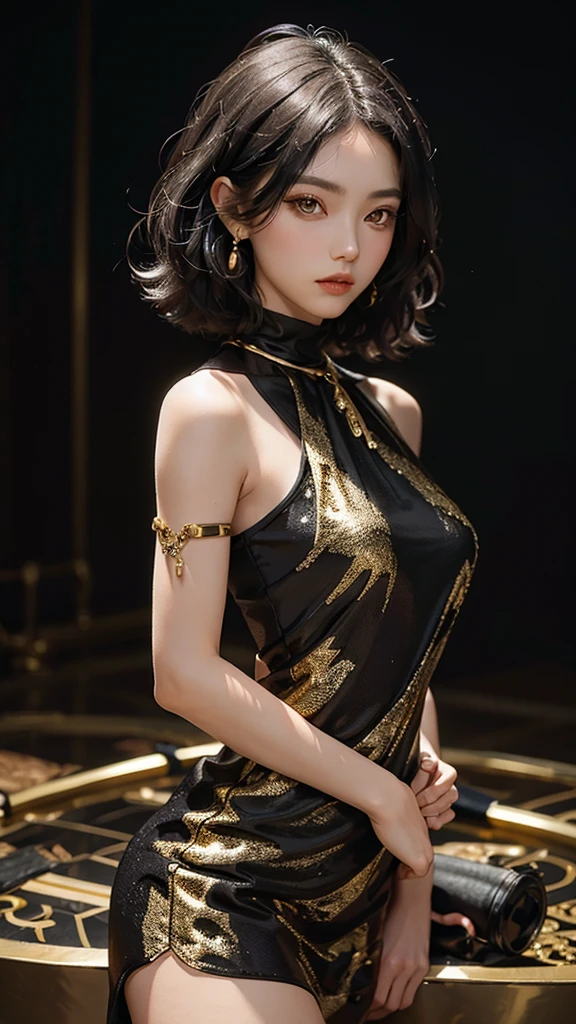 masterful pose, short straight black hair, gold eyes, dress, rosa, tribe