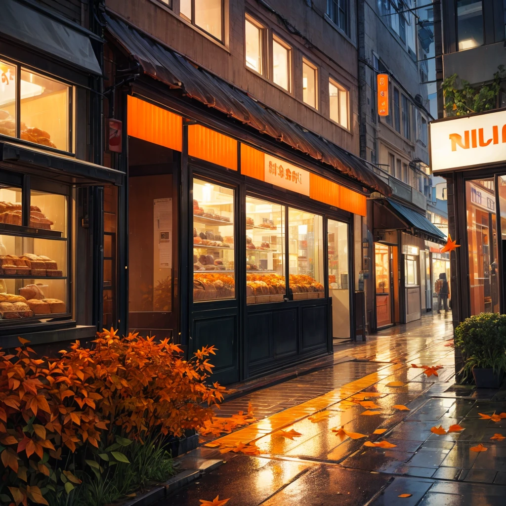 In front of a bakery, a somewhat rainy climate, many trees with orange leaves lying on the ground, a city with an orange appearance, Feeling of peace.
