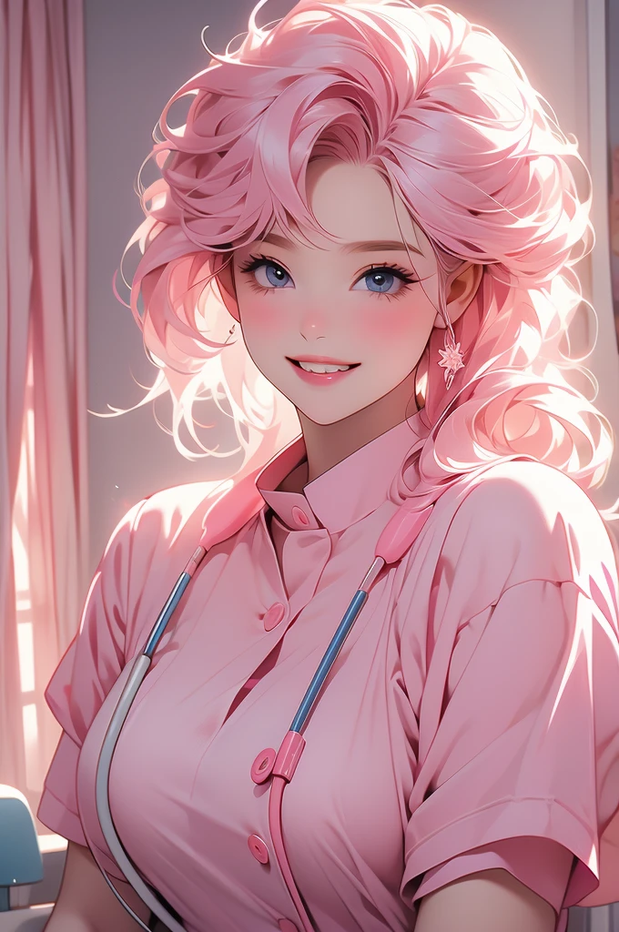 voluptuous, nurse, pink hair, smiling, charming, kind, hospital background
