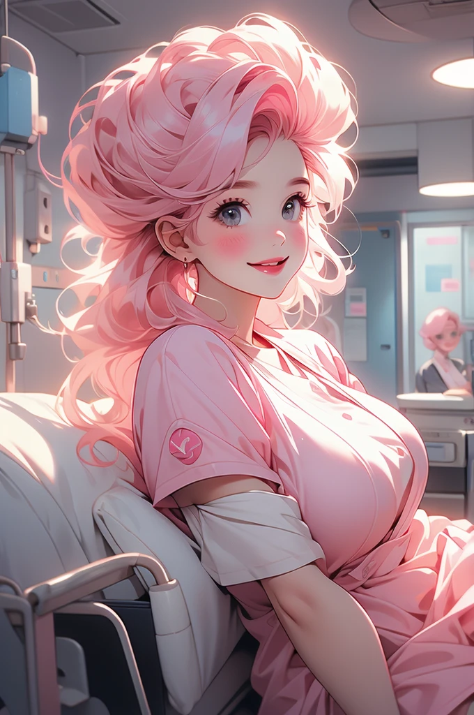 voluptuous, nurse, pink hair, smiling, charming, kind, hospital background