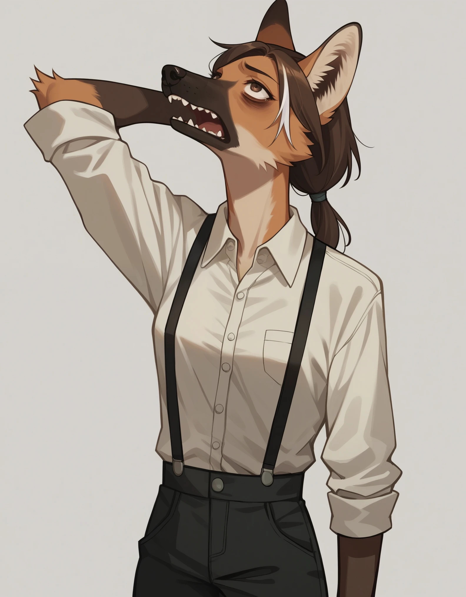 Solo, score_9, score_8_up, score_7_up, score_6_up, score_5_up, score_4_up, source_anime, Anthro furry girl, maned wolf, brown eyes, standing, tall and skinny, long legs, short brown hair, white tips on hair, white highlights on hair, low ponytail, side locks, jitome, bags under eyes, wearing white button up shirt, brown vest, black suspenders, yawning, mouth wide open, sharp canine teeth, hand behind head, head tilted back,