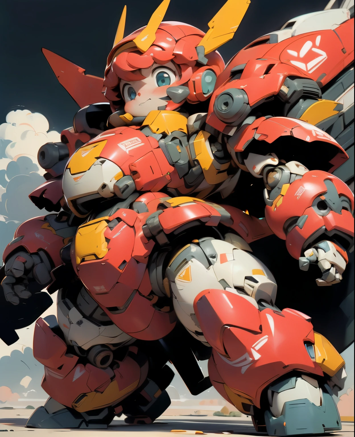 (((1 chibi girl in large red-colored robot costume, from below))), (holding weapons), (((helmet:1.5))), (((looking down:1.4))), ssmile, (chibi), (bulky:1.5), large cute face, mechanical parts, ((mechanical wings)), (full armor:1.8), (mecha armor:1.8), (shoulder guards:1.2),(huger arms), ((mechanical arms:1.5)), (short legs), (huger body:1.8), (heavy equipment:1.6), (from below), (headgear), blue sky, white clouds, robot joints, becoming a mecha, mecha, (RARS), (HRS), ROBOTANIMESTYLE, BJ_Cute_Mech,cute, girl
BREAK
((masterpiece)), vibrant colors, 8k, best quality, ultra detailed illustration, ((best quality)), ((high resolution)), flawless skin textures, shiny oiled skin, extremely detailed anime eyes , extreme light and shadow,