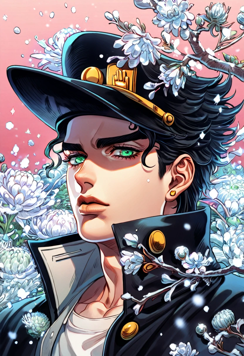 absurdres, highres, ultra detailed, HDR, master piece, best quality, extremely detailed, Jotaro Kujo, black hair, black hat, expressive green eyes, Jojo Bizarre Adventure, solo, sexy man, handsome, black coat, white shirt, fantasy, sparkling, ice glittering fireflies, ice moon, ice blossoms, ice chrysanthemums, blue sparkling lights, magical, snowing, icy style
