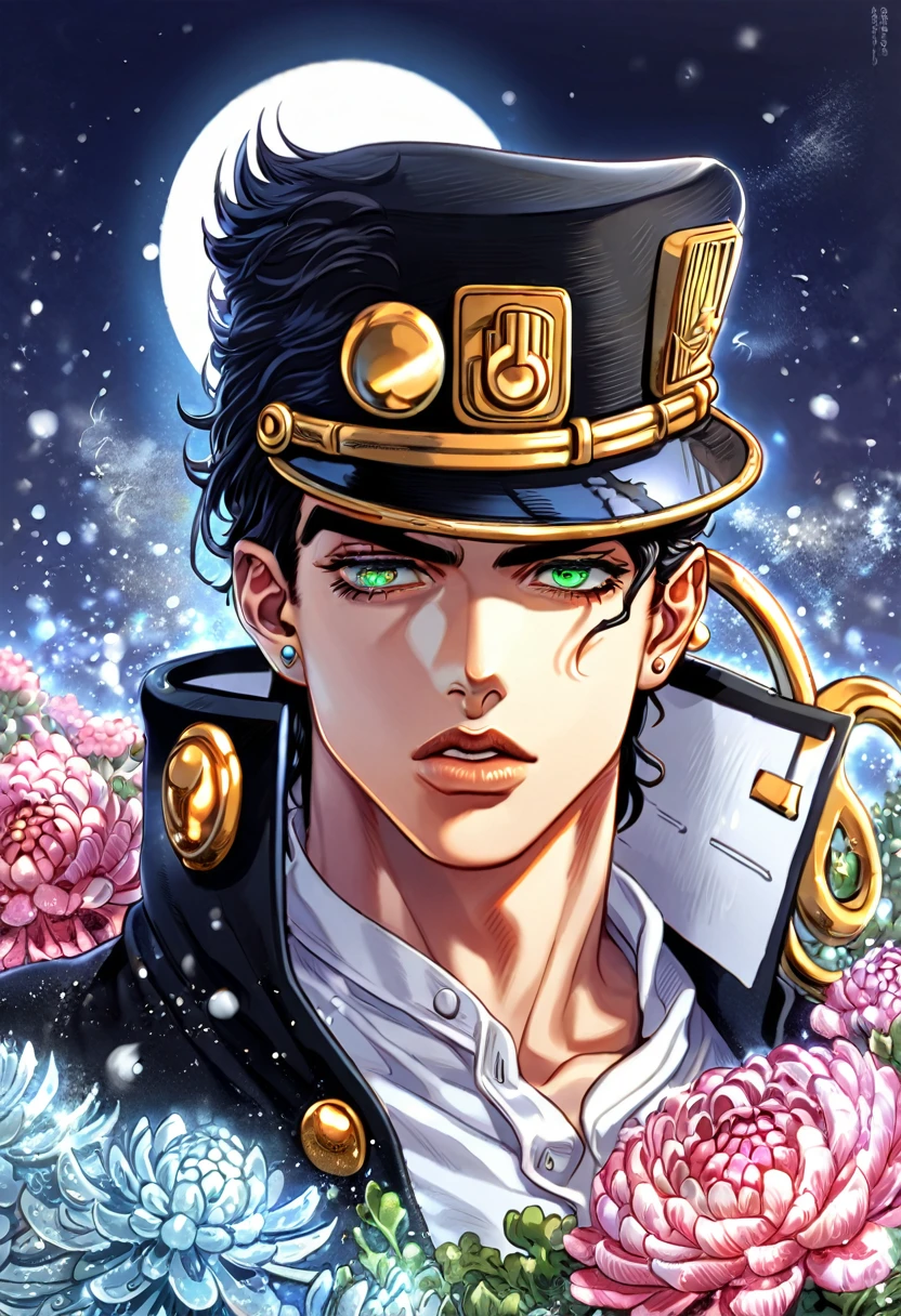 absurdres, highres, ultra detailed, HDR, master piece, best quality, extremely detailed, Jotaro Kujo, black hair, black hat, expressive green eyes, Jojo Bizarre Adventure, solo, sexy man, handsome, black coat, white shirt, fantasy, sparkling, ice glittering fireflies, ice moon, ice blossoms, ice chrysanthemums, blue sparkling lights, magical, snowing, icy style