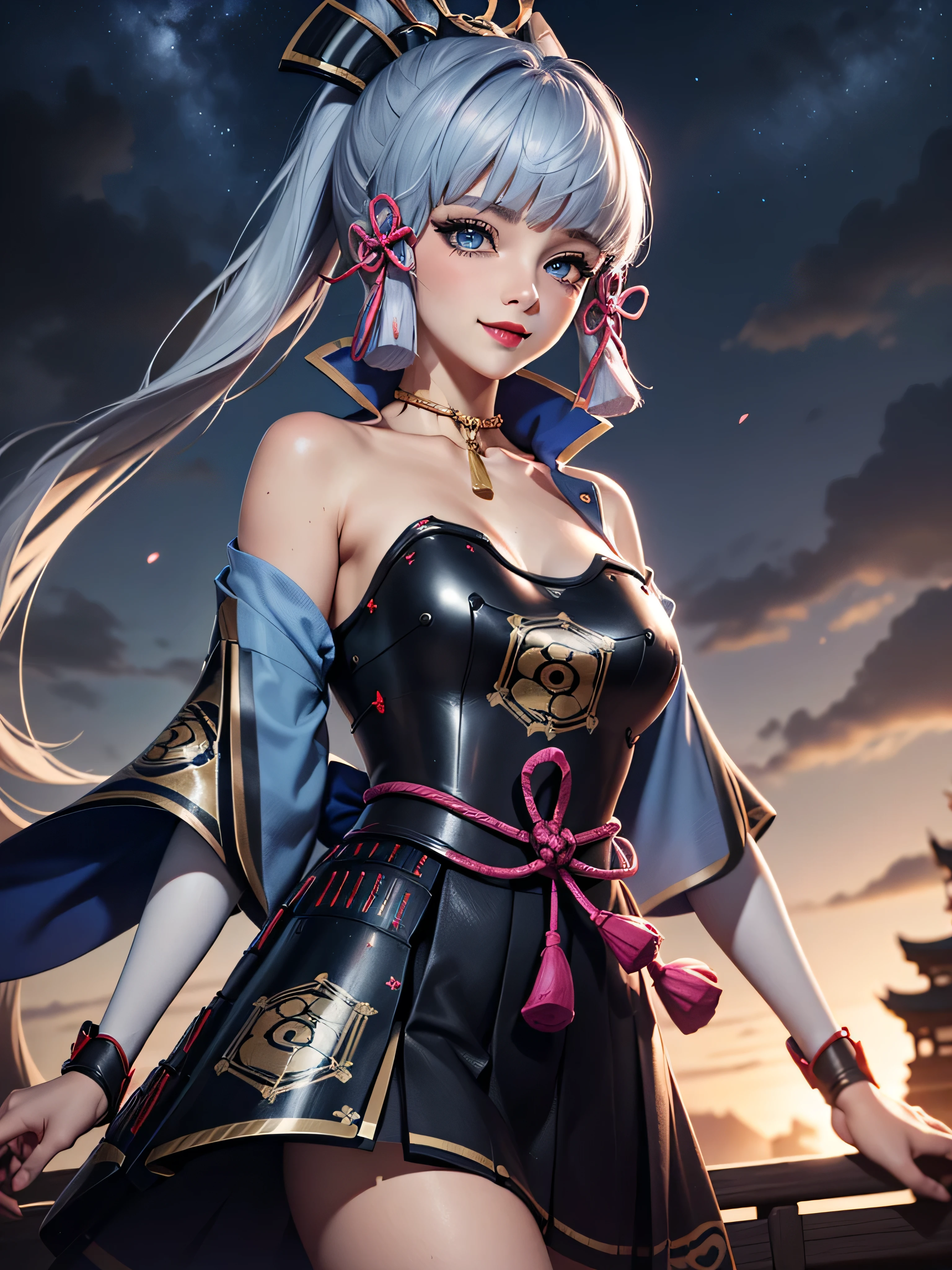 ((masterpiece)),(bestquality),((ultra-detailed)), ((beautiful detailed sky)), ((cinematic lighting)), depth of field, (dynamic angle),detailed lighting,((beautiful detailed eyes)), (night sky view), red lip, smile,eyeshadow,large breast, cleavage, ((bare arm, short skirt , off shoulders, sexy)), ((kamisatoayakadef))