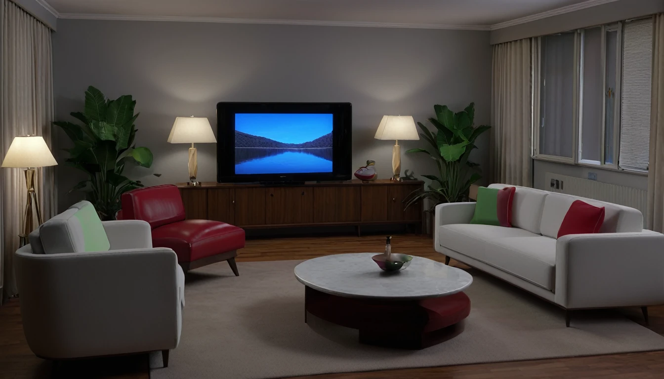Living room with several TVs( 50s, 60's, 70s, 80’s, 90's, Anos 2000)