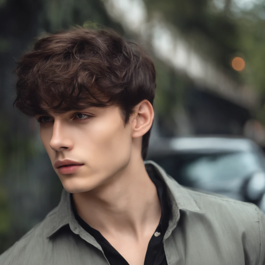 A 21 years old handsome men with Messy Fringe haircut and elegant eyes , in blcak transparent shirt, High quality