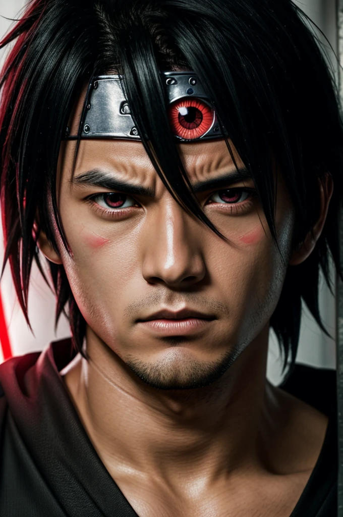 "A close-up of Sasuke Uchiha's face, showing his intense expression and his red Sharingan eye glowing with power."