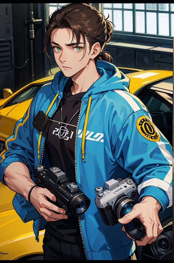 Blue and yellow eyes, old school camera in hand, hoodie on, thick hoodie, male, fair skin. 20 years old, brown hair in messy bun.