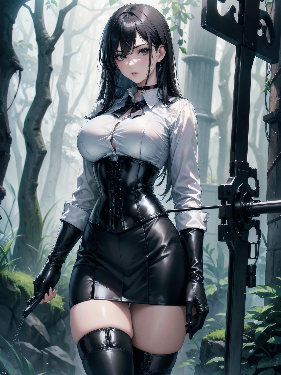 Masterpiece, Superior image quality, high resolution, 4k image,photo and gross, photorealistic, whole body, distant view, 1 young man of 15 years, {{{vagina}}}, big breasts, beautiful face, long black hair, black eyes, very detailed eyes, pink cheeks, serious expression, choker:1.6, (white collar button down long sleeve shirt), black gloves, gloves that cover hands, (holding a light crossbow in the right hand), (black leather corset), (shiny black miniskirt), Sensual Lips, show details in the eyes, View from the front, looking at the viewer, dark forest path, evening, Atmosphere, fog
