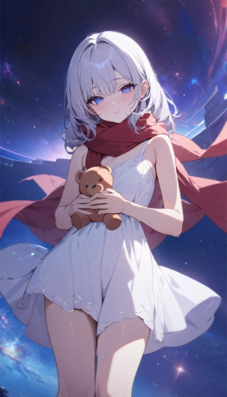 (((masterpiece))), (((best quality))),(((high detail))),light manipulation, girl with long silver hair, gradient purple to sky blue eyes, wearing a white dress, a red scarf, galaxy background, holding a teddy bear, feet, no footwear