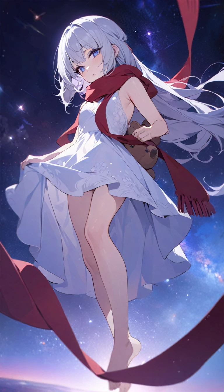 (((masterpiece))), (((best quality))),(((high detail))),light manipulation, girl with long silver hair, gradient purple to sky blue eyes, wearing a white dress, a red scarf, galaxy background, holding a teddy bear, feet, no footwear